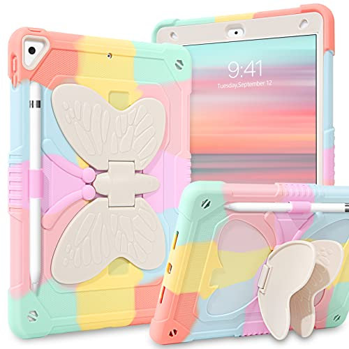 YINLAI Funda para iPad de 9ª generación 2021 Camo, iPad de 8ª generación 2020, soporte de mariposa protectora de cuerpo completo para iPad de 10.2 pulgadas, colorida