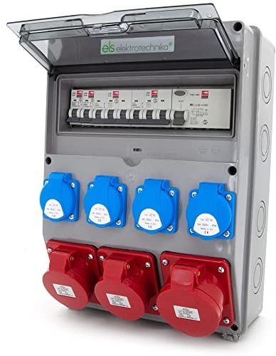 ELS Elektrotechnika Wandverteiler mit FI-Schalter und Schuko 4x230V + 2xLS-Schalter, 2xCEE 16A, 1xCEE 32A, Steckdosen, Abgesichert, Verdrahtet, Anschlußfertig für Garage, Werkstatt, Fabrik, Feuchtraum