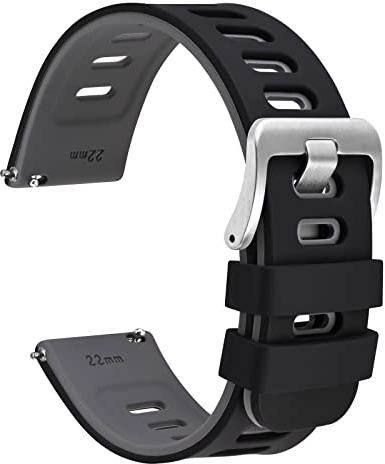 WOCCI 22mm Zweifarbig Uhrenarmband, Silikon Kautschuk, Ersatzband für Herren und Damen, Silberne Edelstahlschnalle (Schwarz-Grau)