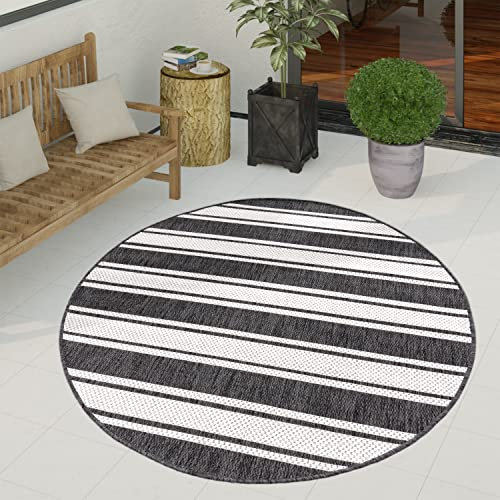 Paco Home Outdoor Teppich wetterfest & pflegeleicht Flachgewebe in Sisal-Optik mit Bordüre UV-beständig Modern für Balkon, Terrasse, Garten, Wohnzimmer, Grösse:120 cm Rund, Farbe:Anthrazit-Weiß