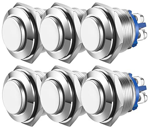 Guuzi 6pcs Pulsanti Momentanei Da 16mm 3A/250VAC; Pulsante Di Alimentazione Impermeabile 5A/12VAC Piccolo Rotondo In Metallo Inossidabile Cromato 2Pin N/O (Testa Alta)