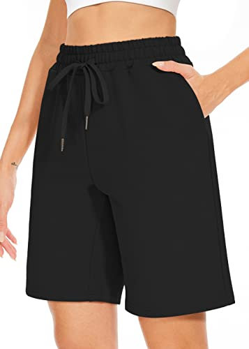 TARSE Damen Bermuda Shorts Lang Baumwolle Lose mit Taschen Knielang für Yoga Casual Walking Übung Shorts, Schwarz, Klein
