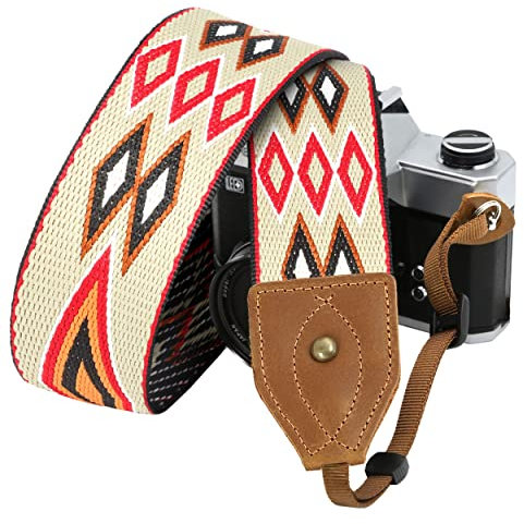 Padwa Lifestyle Camera Strap - Classic Crazy Horse Art Cowhide Leather Ends, Unique Vintage Embroidered Cotton Strap for DSLR Cameras (Red Rhombus)