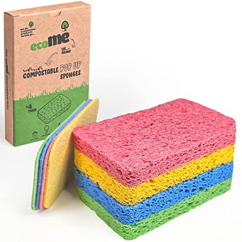 ecoMe | 'Pop-Up' Eco Sponges | 4 Pack | Compostable | Zero Waste | Plastic Free | 100% Natural Cellulose | Long-Lasting | 4 Colours: Perfect for Kitchen, Washing Up, Bathroom