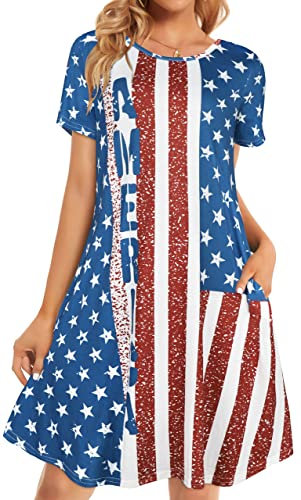 Vestidos informales de verano para mujer, para la playa, tipo camiseta suelta, con estampado floral, de manga corta, suelto, con bolsillos, 02 Bandera USA, S