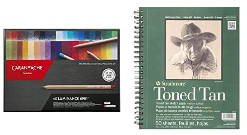 Caran d´Ache 6901.740 Artist Luminance 6901 Set aus 40 Stiften, 40 Stück (1er Pack) & Strathmore 400 Series Skizzenbuch, getönt, Hautfarben, 22,9 x 30,5 cm, drahtgebunden, 50 Blatt