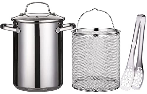 Deep Fryer Pot, Japanese Tempura Small Deep Fryer,16 Cups / 4 Liters Oil Capacity, Stainless Steel Frying Pot with Transparent Visible Lid,Basket Strainer and Tongs