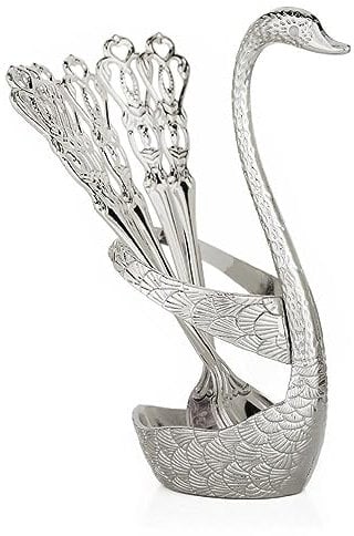 Silver Swan Coffee Spoon/Teaspoon/Sugar Spoon Container with 6 Spoons