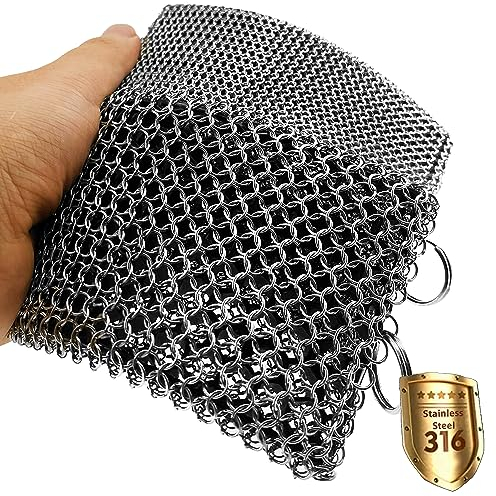 ERGONOW Limpiador de malla de hierro fundido, anillo fino, limpiador de sartenes de acero inoxidable 316, silicona integrada con anillos soldados, para utensilios de cocina, ollas de hierro fundido,