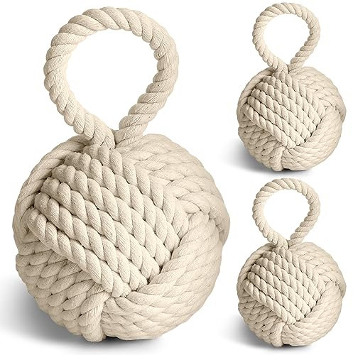 Tenceur 3 Pieces Nautical Rope Knot Door Stops with Handle 6 Inch Decorative Weighted Doorstop Twisted Knot Cotton Weighted Interior Doorstop Sailor Knot for Home Office Garage Door Window, Ivory