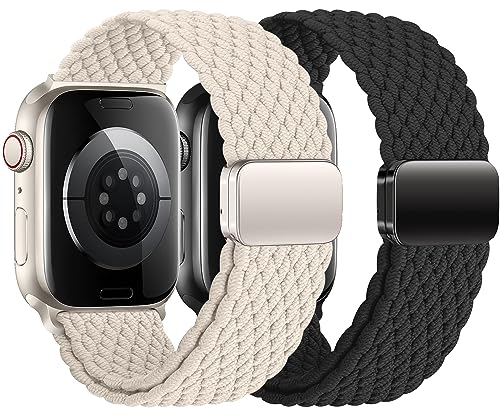 2ST Geflochtens Solo Loop für Apple Watch Armband 40mm 41mm 38mm 45mm 44mm 42mm 46mm Ultra/2 49mm Herren/Damen,Magnet Dehnbarer Nylon Band für die iWatch Armbänder series 10 9 8 7 6 5 4 3 2 se 2nd