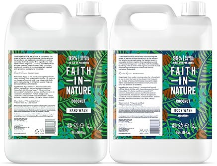 Faith In Nature Natural Coconut Hand Wash and Body Wash Set, Vegan & Cruelty Free, No SLS or Parabens, 2 x 5L Pack