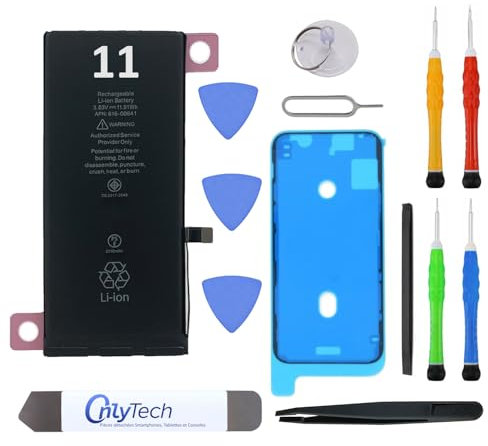 OnlyTech Batterie Premium de Remplacement pour iPhone 11-3110mAh, Identique à l'Original, Kit 12 Outils Professionnels et adhésif écran Inclus