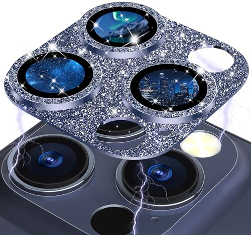 CloudValley Protection Objectif Caméra Arrière Compatible avec iPhone 15 Pro et iPhone 15 Pro Max, [Couverture Complet] 9H Dureté Film Trempé Protection Lentille Accessoire, Paillettes Titane Bleu