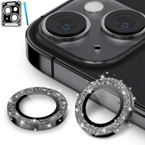 CloudValley Protection Objectif Caméra Arrière pour iPhone 15 6,1 Pouces & iPhone 15 Plus 6,7 Pouces, Accessoire Verre Trempé Anti-rayures Ultra Résistant Individuel Film, Paillettes Noir