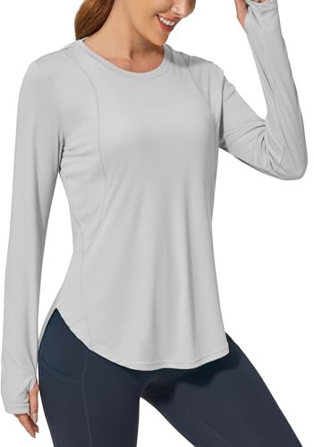 Promover Women's Activewear Long Sleeve Tops Workout Shirts UPF 50+ Sun Fitness T-Shirt Lightweight Quick Dry Outdoor Running Hiking Tops Grey