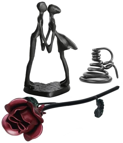 DreamsEden Romantic Sculpture Set, Iron Couple Figurine & Metal Rose with Stand - Anniversary, Wedding, Birthday, or Valentine's Day Gifts for Wife Girlfriend