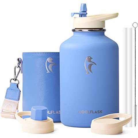 Coolflask Botella de agua de 2L aislada con funda de cuero PU, Botella de agua de acero inoxidable con tapas de pajita, Mantener frío 48h Caliente 24h, Azul cielo