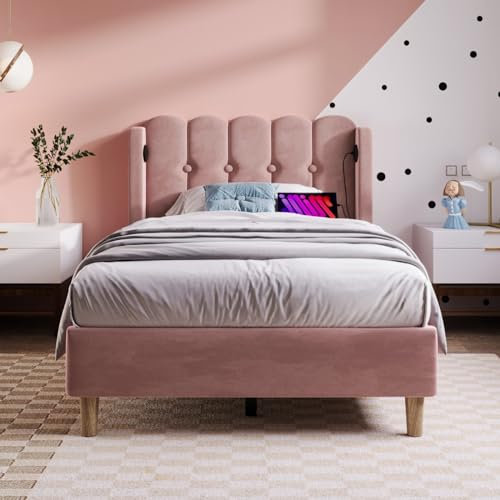 Sweiko Lit rembourré 90 x 200 cm avec Chargement USB Type C, Cadre de lit avec Lattes, Modern lit Adult, Lits pour Jeunes pour Chambres à Coucher, Chambres d'amis,Rose