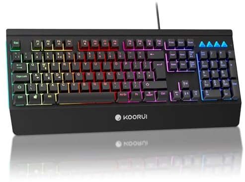 KOORUI Gaming Keyboard, 104 Keys Wired LED Backlit, Mechanical Feel, Anti-ghosting, Waterproof, USB Membrane for Desktop