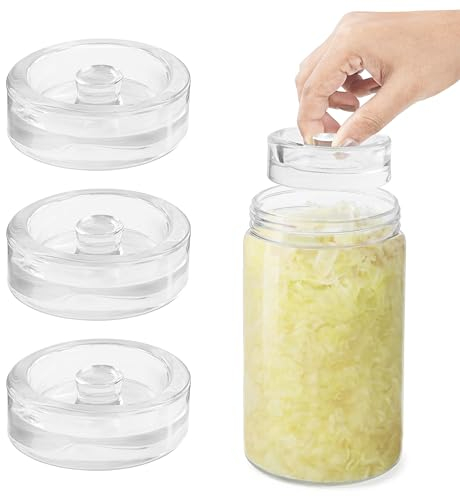 Winter Shore Juego de Pesas de Vidrio para Fermentación (Pack de 4) Tarro Encurtidos de Boca Ancha, Fondo Plano y Asa Fácil Agarre - Kit de Fermentación Principiantes, Tapas Bote Cristal Encurtidos