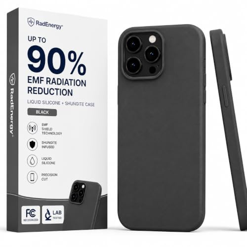 RadEnergy EMF-Schutzhülle für iPhone aus Flüssigsilikon und Schungit, Anti-Strahlung, 5G-Abschirmung und -Reduktion, Leichte schützende Außenhülle (Schwarz, 15 Pro Max)
