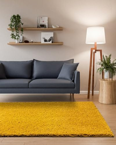 Interiyou Hochflor Teppich Sofia - 60x120 cm Gelb - flauschig und einfarbig - waschbar und rutschfest - weicher Langflor