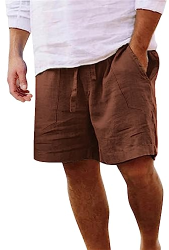 Arbeitshose männer Fallen 2024 Casual Hosen Für Männer Baumwolle Leinen Stretch Taille Kurze Hosen Taschen Kordelzug Boyshort Shorts Solide Lose Hose l2-Brown XXL