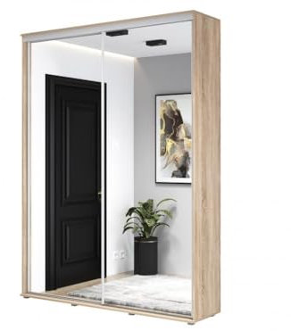 Meble Slupia - ZUZA 2 Garderobenschrank - Kleiderschrank mit Spiegel und Schiebetüren - 100x242x45cm - Kleiderstange Schrank - für Schlafzimmer, Flur - Laminierte Platte, Sonoma-Eiche