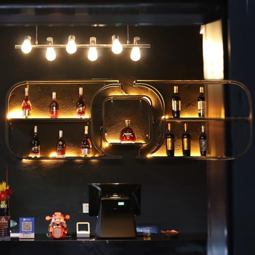 Schwebende Wand-Weinregale aus Eisen, Weinregal zur Wandmontage, mit LED-Licht, 3-lagiger industrieller hängender Weinflaschenhalter mit Leitplanke, dekoratives Aufbewahrungsschrankregal(Size:235x15x7
