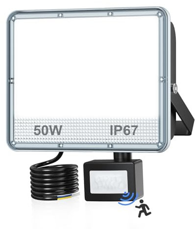 VRTOGTHE 50W Projecteur LED Exterieur Detecteur De Mouvement - 5000LM Spot LED Extérieur Detecteur De Mouvement, IP67 Étanche 7000k Blanc Froid Eclairage Exterieur pour Jardin, Cour, Garage, Usine