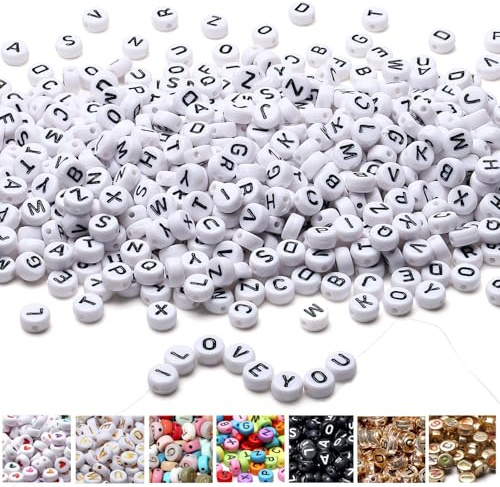 1500 Stück Buchstabenperlen für Armbänder, 7 mm Acryl Perlen | AWARDSEN Weiß und Schwarz, Zwischenperlen für DIY Halsketten und Handwerk