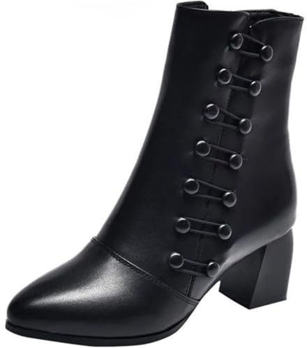 Bottines Femme Mode Cuir Talon Carré Bout Pointu Vintage Britannique Bottes Courtes à Talons Coupe-Vent Boots Chaussures Élégantes Confortables 39 Noir