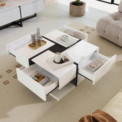 Sweiko Table basse, table de salon avec 4 tiroirs, armoire de rangement avec schéma de couleurs et design de lignes uniques, table basse avec espace de rangement au sol (blanc et noir)
