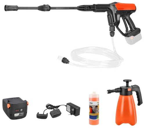 STOCKER - Kit Idropulitrice Calipso E-200 21V con Batteria Fast Charge 2,6Ah, Caricabatterie Doppio 21V, Sapone Auto 3-in-1 e Pompa Schiumogena – Pulizia per Casa, Auto e Giardino