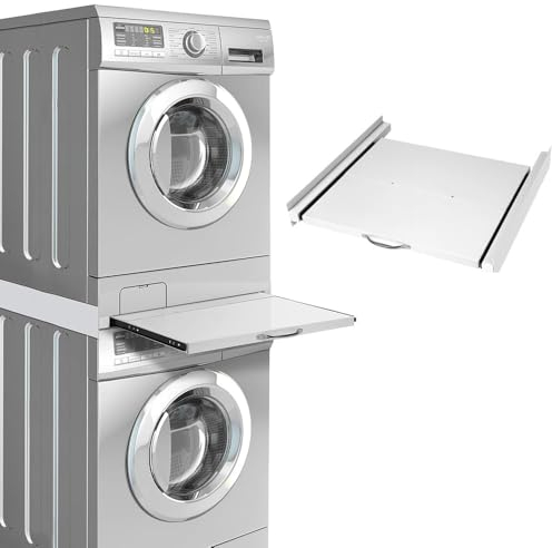Stahl Zwischenbaurahmen | mit Ausziehplatte | max.100kg | Verbindungsrahmen Zwischenbausatz Zubehör für Waschmaschine Trockner Wäschekorb, Zwischenrahmen Universal (60x54cm)
