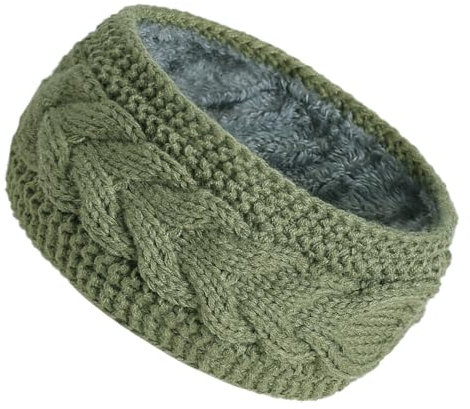 Fleece Lined Knitted Headband Ear Warmer Winter Warm Thick Hairband Thermal Headbands Elastic Hair Wrap for Women (Army Green, One Size)