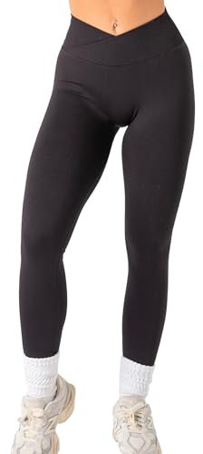 TAYOEA Sport Leggings Damen V Cross Stretch Push Up Yoga Leggings Scrunch Butt Fitness Leggings High Waist Seamless Workout Sportleggins Booty Lifting Elastisch Yoga Gym Hosen Schwarz,S