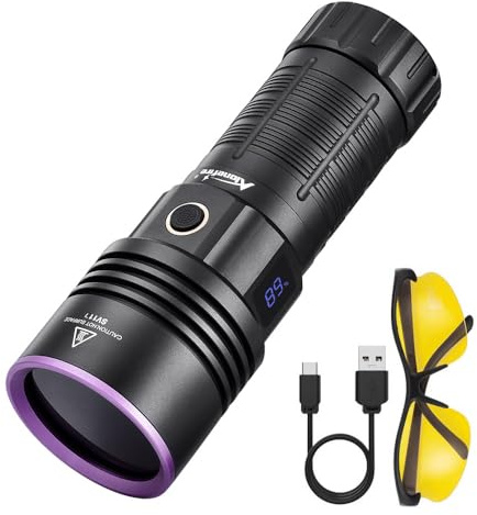 Alonefire SV117 365nm UV Taschenlampe 70W USB Aufladbar Digitale Anzeige Stark Schwarzlicht Haustierurin Detektor für UV Harz, Angeln, Skorpion, Bernstein, Mineralien mit UV Schutzbrille, Batterie