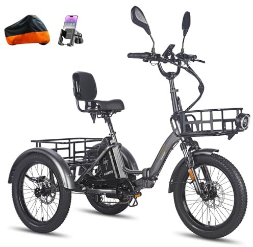 Fafrees F20 Mate Dreirad e Bike, 2025 E-Bike 3 Rad 48V 23.45Ah Akku, Elektro Dreirad Klapprad 20 * 3.0 Zoll, Hydraulischer Bremsstarter, Lasten ebike für Erwachsene (Vorderkorb + großer Korb, Grau)
