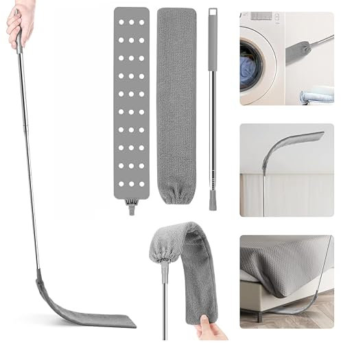 Plumero Plano Zonas Dificiles, Extensible y Atrapapolvo con Soporte Pared Incluido Vonala, Mopa Flexible, Cepillo Telescopico Limpieza, Mopa Plana Bajo Muebles y Radiadores, Plumero Extraplano Largo