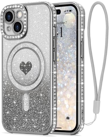 LAPOPNUT for iPhone 13 and iPhone 14 Magnetic Case [Compatible with MagSafe][Glitter Card & Wrist Strap],Cute Girls Women Bling Shiny Sparkle Rhinestone Diamond Raised Lens Protection Cover,Silver
