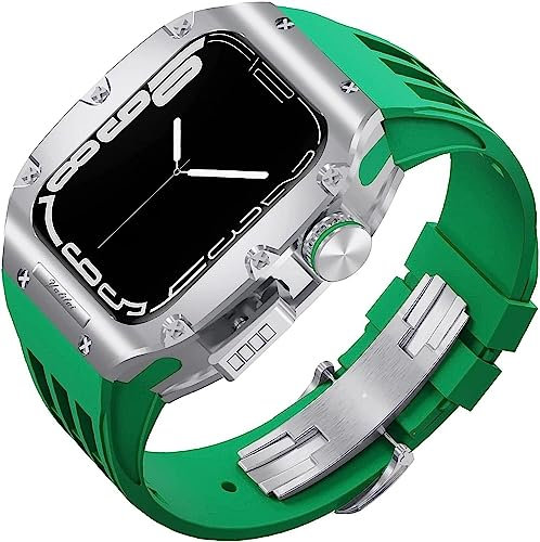 RNNYWDRQ Titanium Case Rugged Sport Rubber Band, para Apple Watch 8/7 6/5/4 SE 45 mm Series de 44 mm, Kit de modificación Bisels Fluororubber Strap y Buckl Moderno