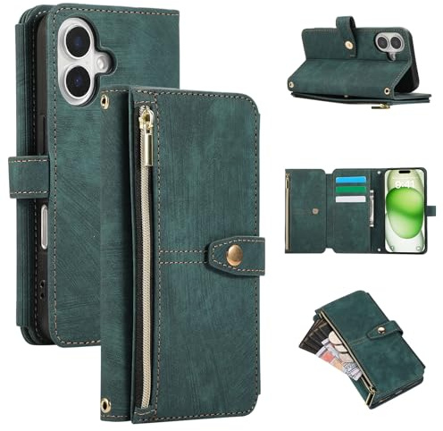 ZCDAYE Hülle für iPhone 17 mit Kartenschlitzen Handschlaufe, Leder Frauen Handyhülle Geldbörse Große Kapazität Praktische Brieftasche Schutzhülle für iPhone 17 (6.3 inches),Grün