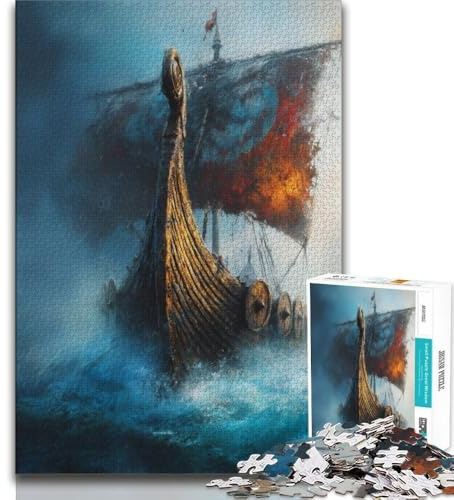 1000-teiliges Puzzle für Erwachsene und Jugendliche Wikinger-Drakkar-Boot 1000-teiliges Puzzle Stressabbau schwierige Herausforderung Heimdekorationsspielzeug 75x50cm