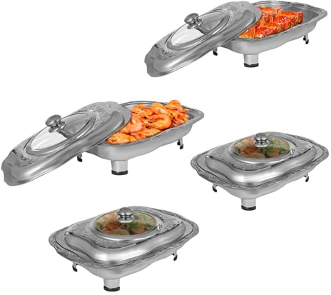 Food Tray, Lidded Insulated Food Tray, Stainless Steel Food Warmer Trays, Buffet Foods Tray, Set of Four, Weight Capacity 4 kg, Suitable for Serving Meat, Vegetables, Seafood and Other Dishes