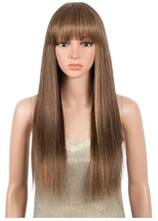 Ombre-braune, glatte Perücken mit Pony, Echthaarperücken for schwarze Frauen, keine Lace-Front, ohne Kleber, Highlights in Braunblond Haar Extensions(22 inch)