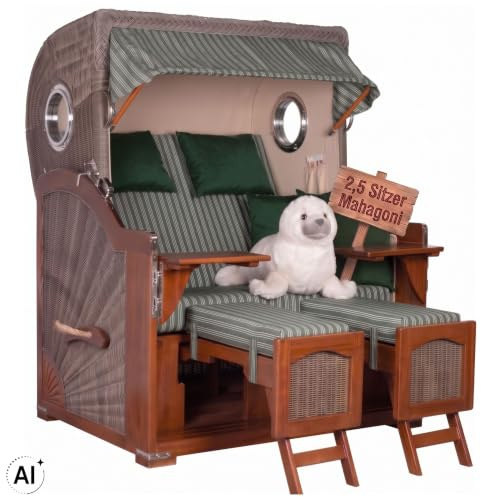 MR. DEKO Strandkorb XXL Düne Grande 2,5-Sitzer-Strandkorb | Mahagoni Holz PE-Geflecht Grey | Bullauge-Design | Volllieger wetterfest |Dessin 504 (Grün Gestreift)