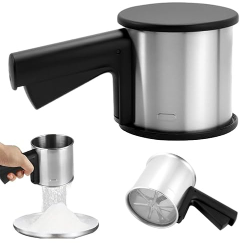 Bcuuozeeing Mehlsieb Edelstahl Puderzuckerstreuer Einhand Mehlsieb mit Griff Feines Sieb mit Bodenabdeckung für Mehl, Zucker, Zimt, Gewürzpulver, Kakao & Backzutaten (2-Deckel) (A)