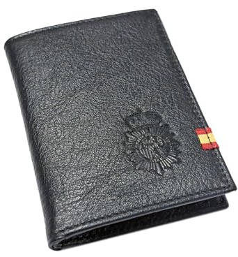 Tiendas LGP - Cartera Billetero Tarjetero, para Hombre de Color Negro, Emblema Policía Nacional, Detalle de Bandera de España, Piel de Vacuno, Fabricada en Ubrique (España)
